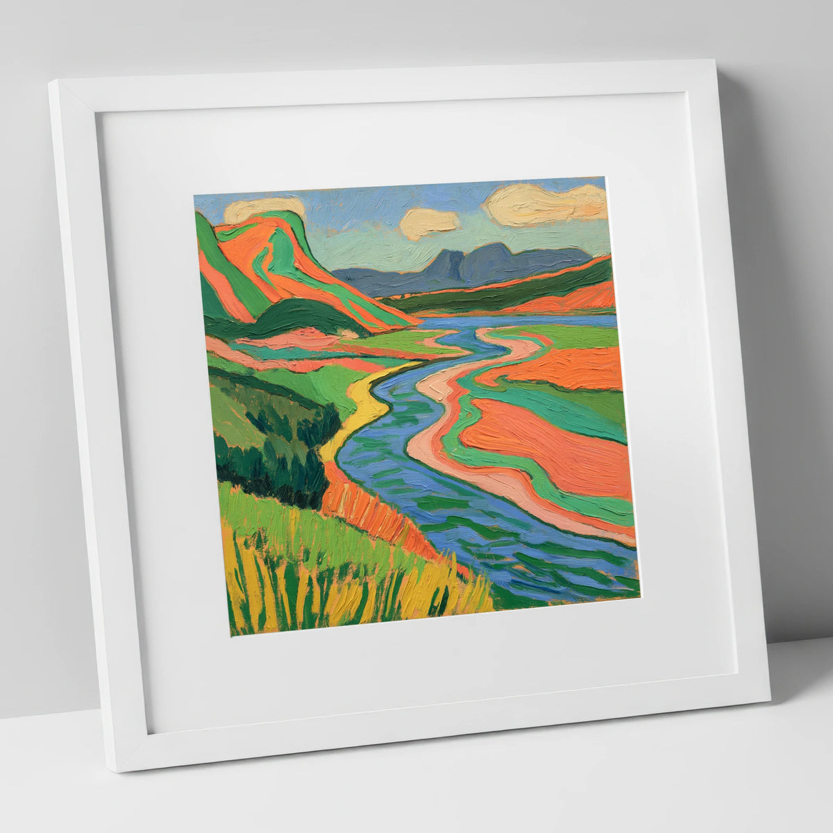 Bold Winding River and Fells lake district waterfall art print in white frame