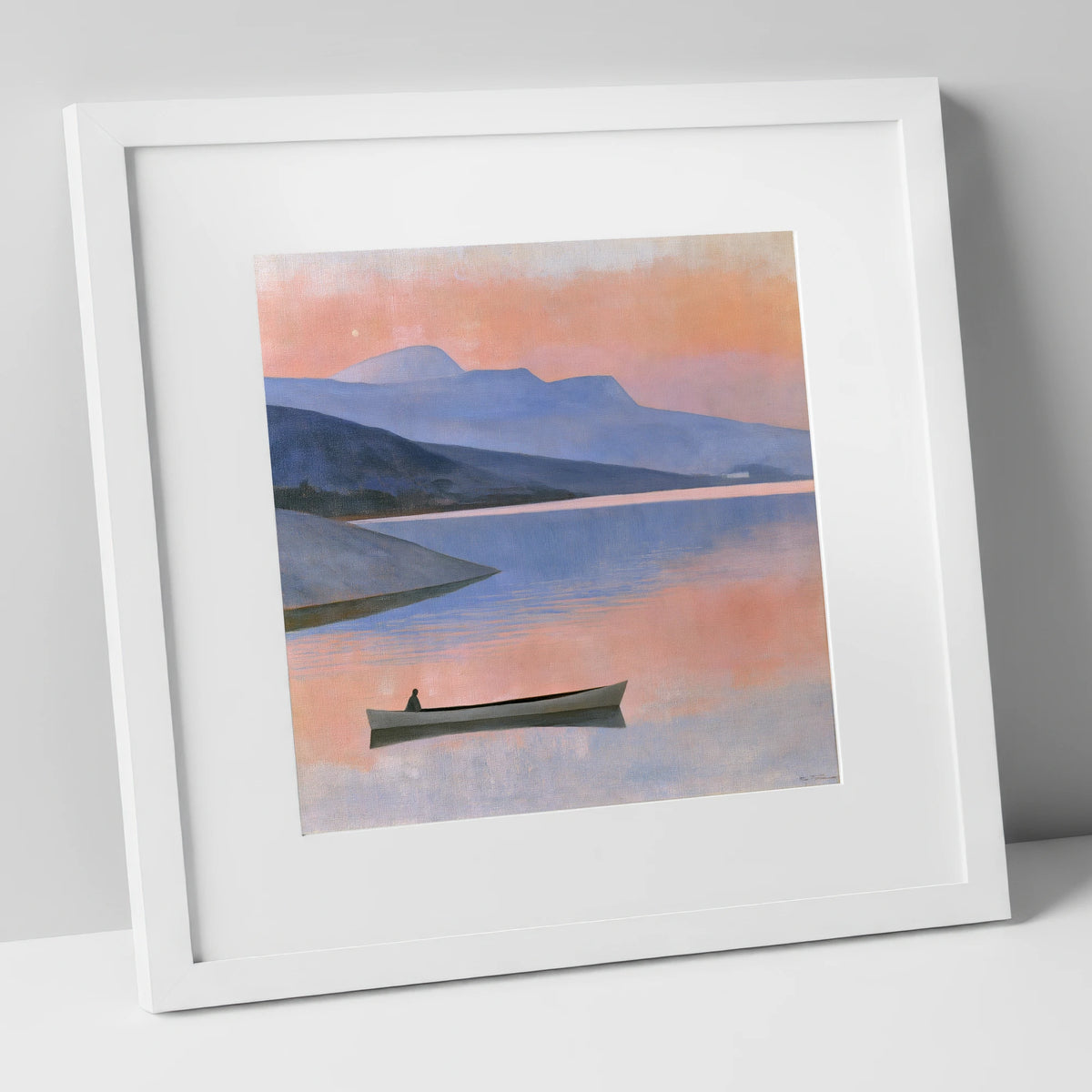 Twilight Lake with Lone Boat lake district lake art print in white frame