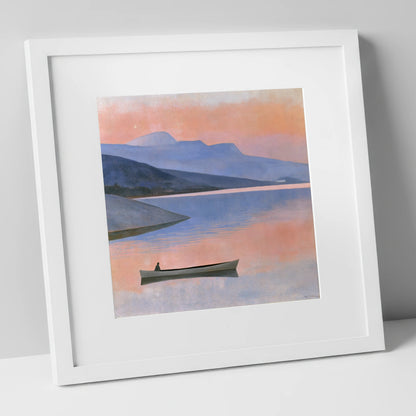 Twilight Lake with Lone Boat lake district lake art print in white frame