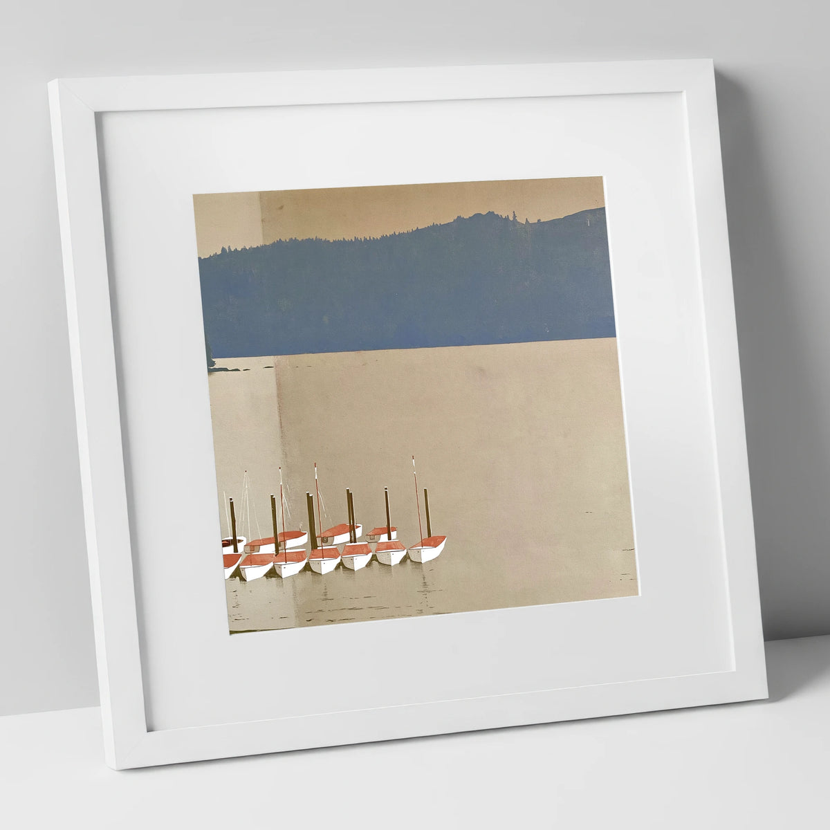 Windermere Boats Below Slate Fells lake district lake art print in white frame
