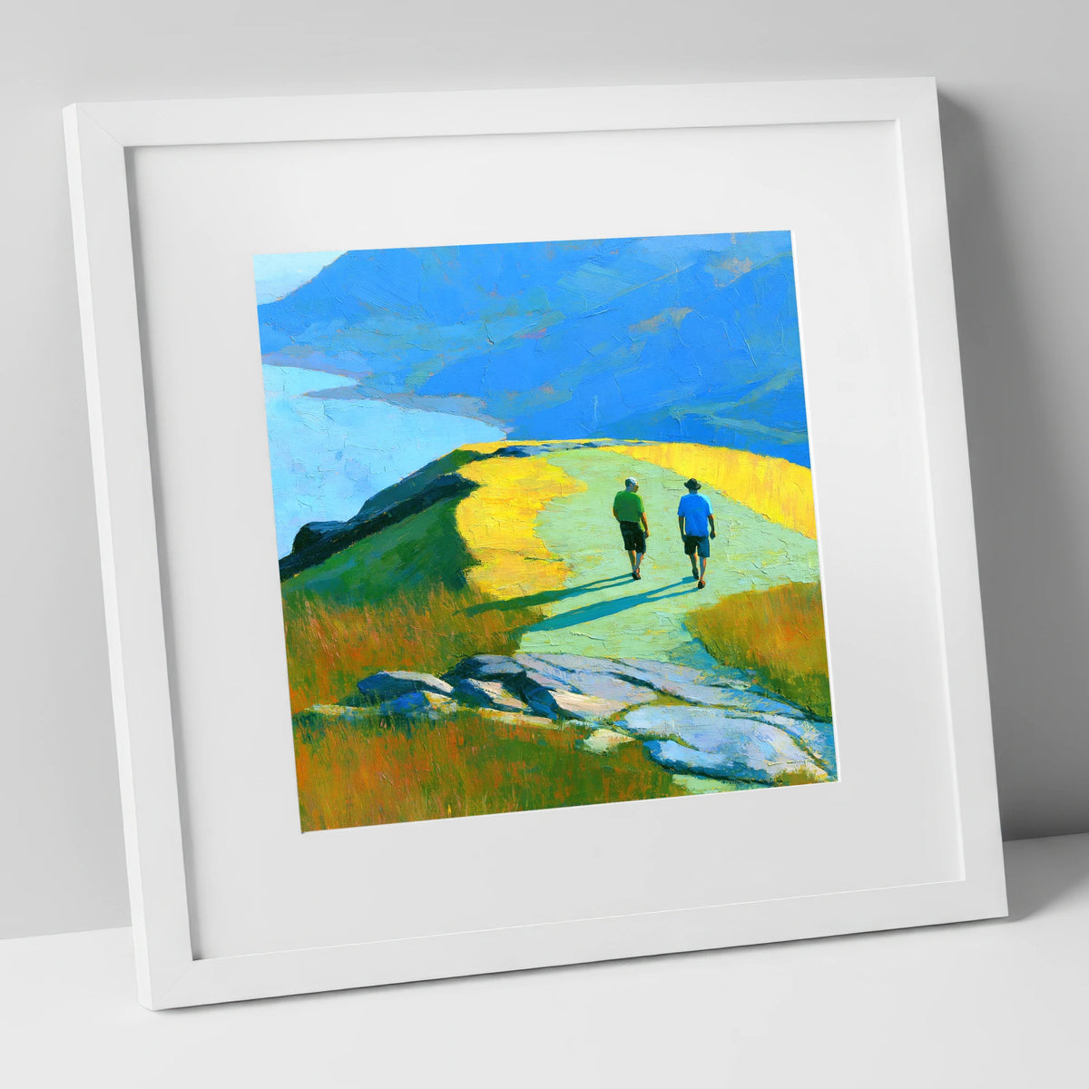 Fell Walkers on a Sunlit High Ridge lake district fell art print in white frame
