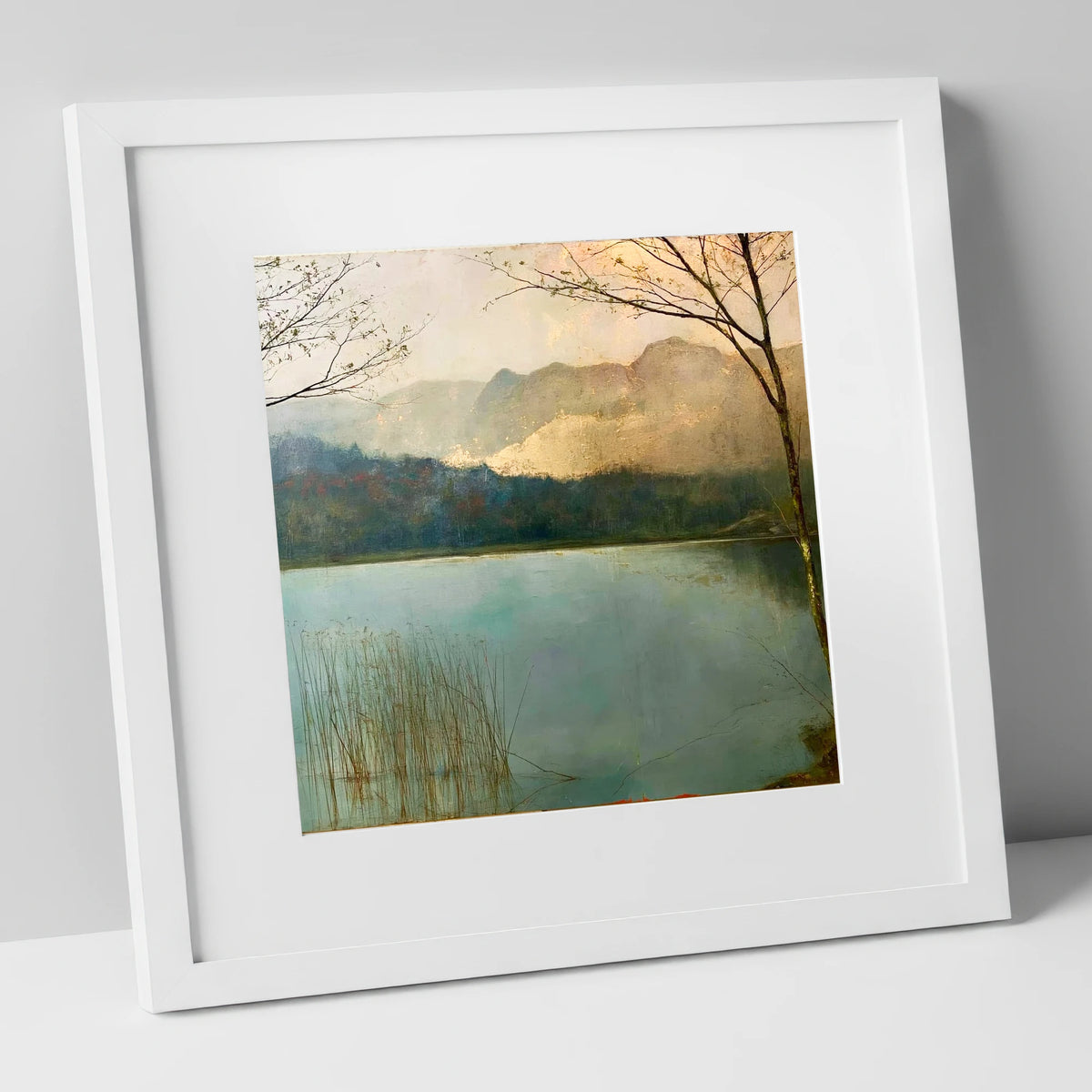 Gilded Light Over Elter Water lake district lake art print in white frame