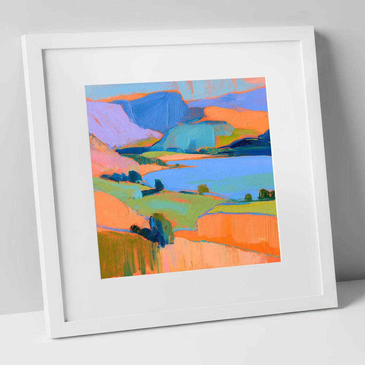 Vibrant Fells And Blue Lake lake district lake art print in white frame