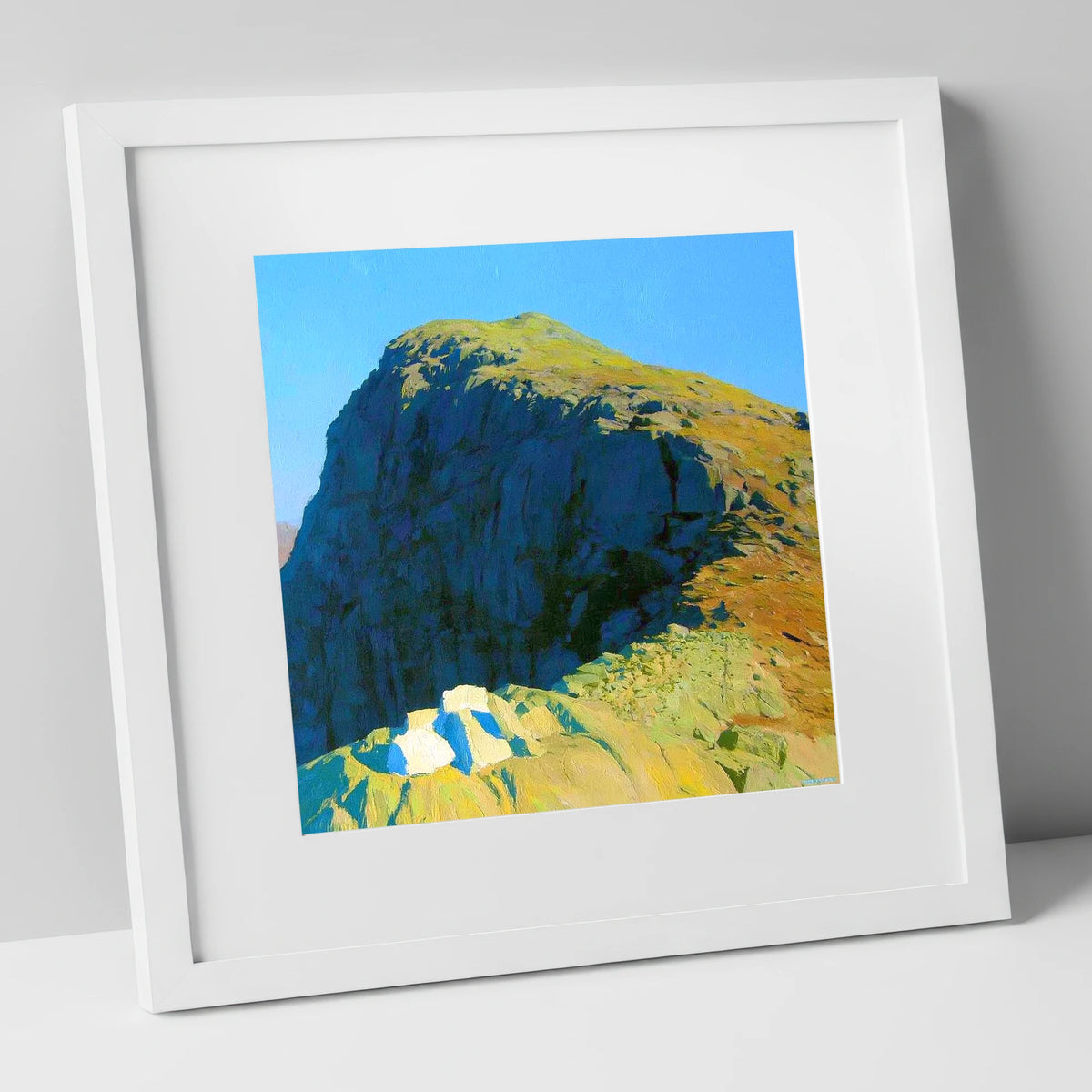 Sunlit Crags of Harrison Stickle lake district fell art print in white frame