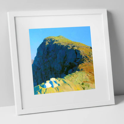 Sunlit Crags of Harrison Stickle lake district fell art print in white frame