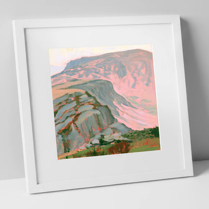 Pastel Pink Mountain Ridge lake district fell art print in white frame