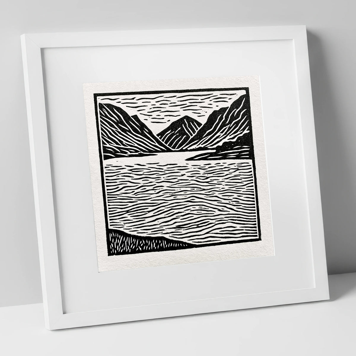 Lake and Fells in Monochrome lake district lake art print in white frame