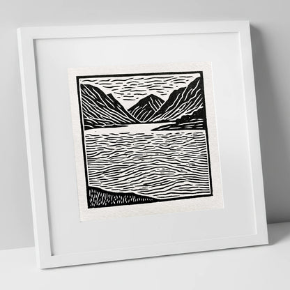 Lake and Fells in Monochrome lake district lake art print in white frame