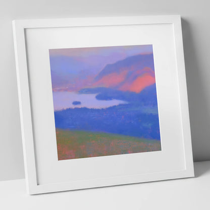 Keswick And Derwentwater At Twilight lake district village art print in white frame