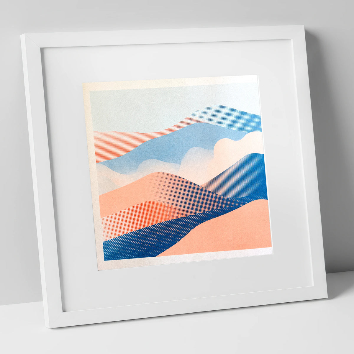 Coral and Blue Rolling Fells lake district fell art print in white frame