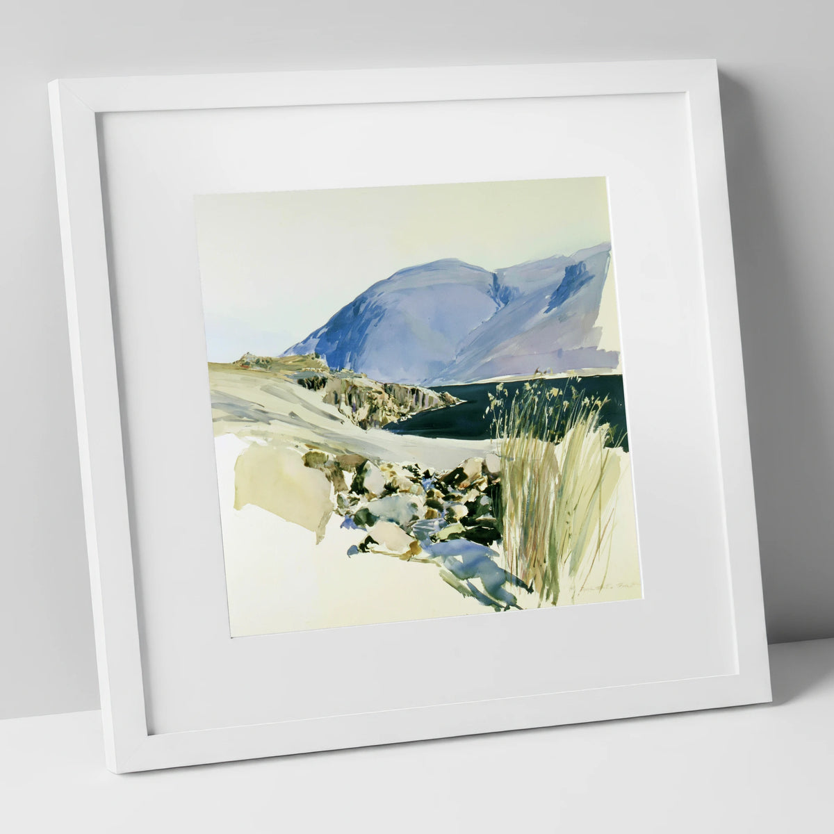 Styhead Tarn and Blue Fells lake district fell art print in white frame