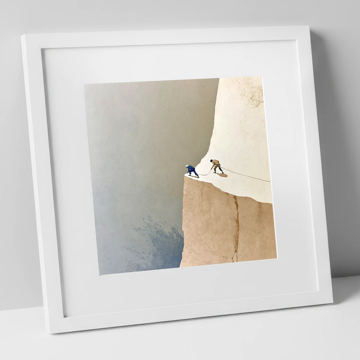Climbers on a Misty Crag lake district walking art print in white frame