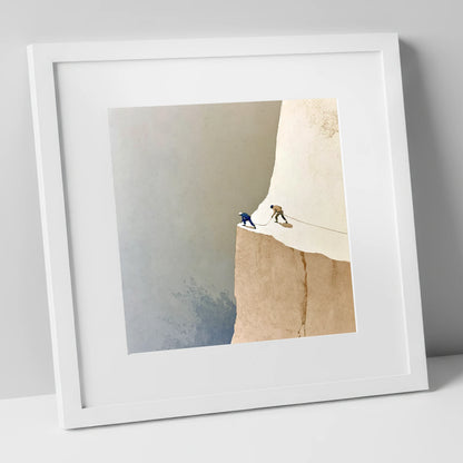 Climbers on a Misty Crag lake district walking art print in white frame
