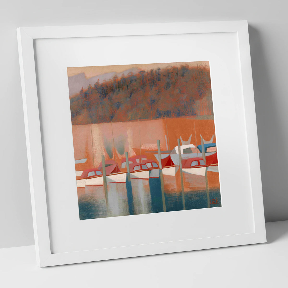 Windermere Boats in Terracotta Light lake district lake art print in white frame