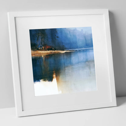 Moody Blue Calm Lake Reflections lake district lake art print in white frame