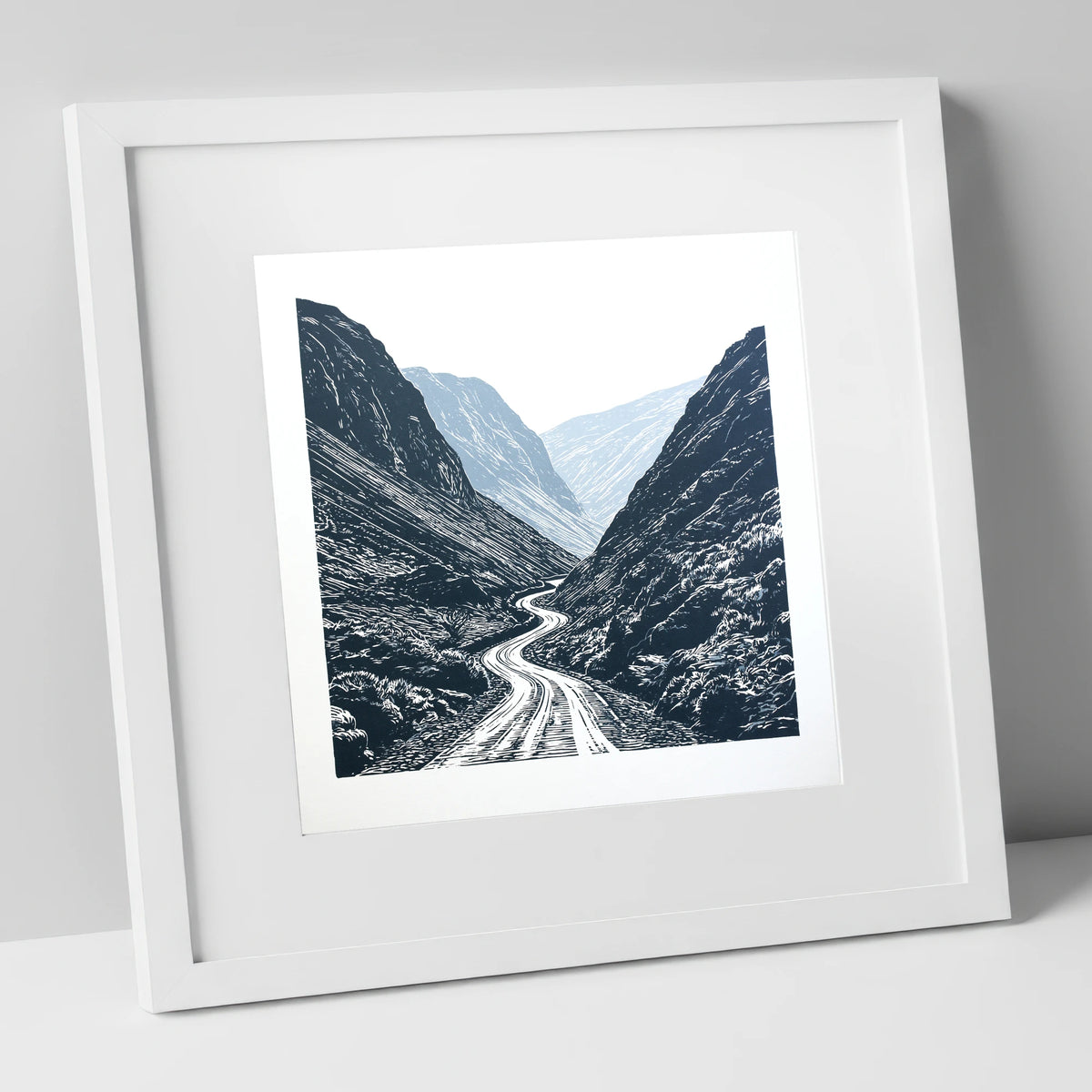 Honister Pass in Bold Navy lake district valley art print in white frame