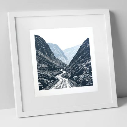 Honister Pass in Bold Navy lake district valley art print in white frame