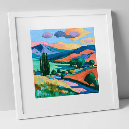 Vivid Golden Light on the Fells lake district sky art print in white frame