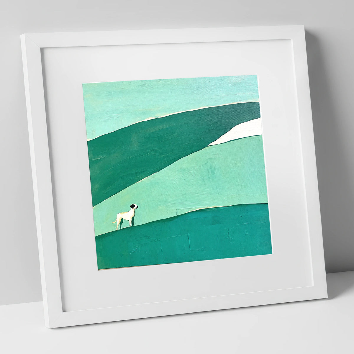 Minimalist Dog on Latrigg Summit gifts for dog walkers art print in white frame