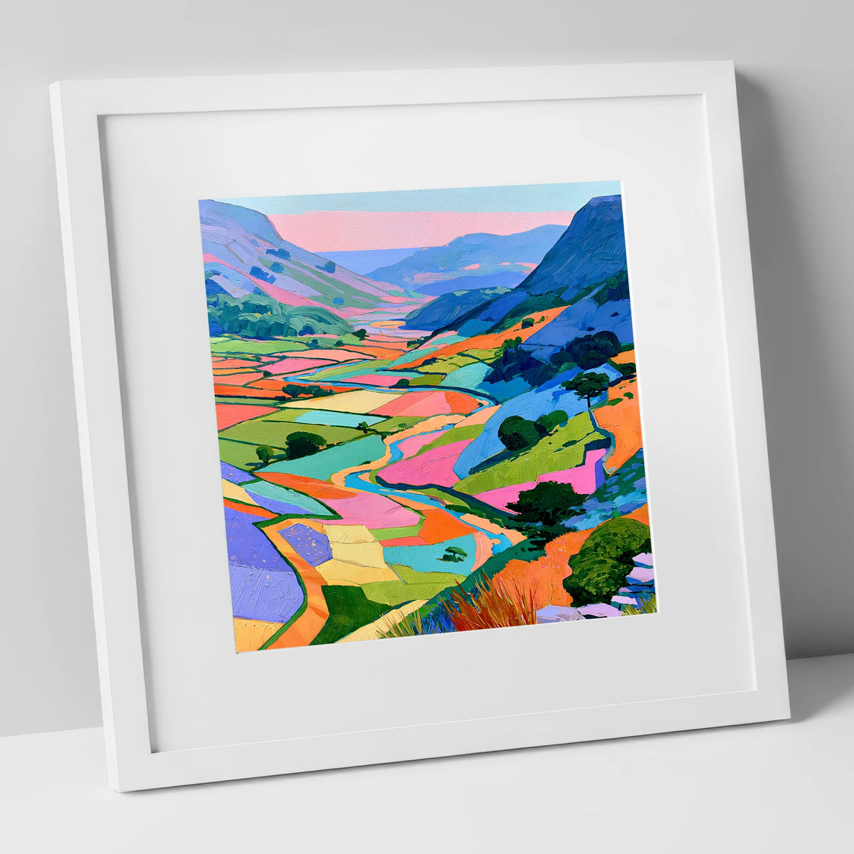 Vibrant Patchwork Fields and Fells lake district valley art print in white frame