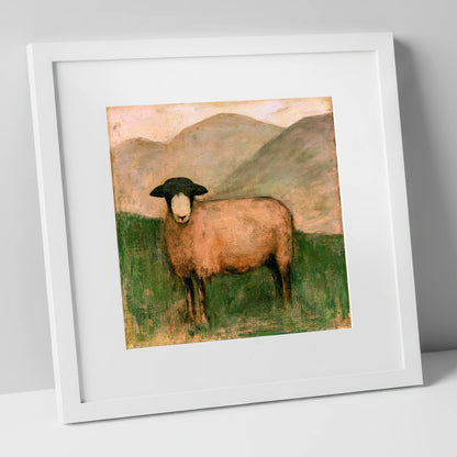 Herdwick Sheep on Warm Fellside lake district wildlife art print in white frame