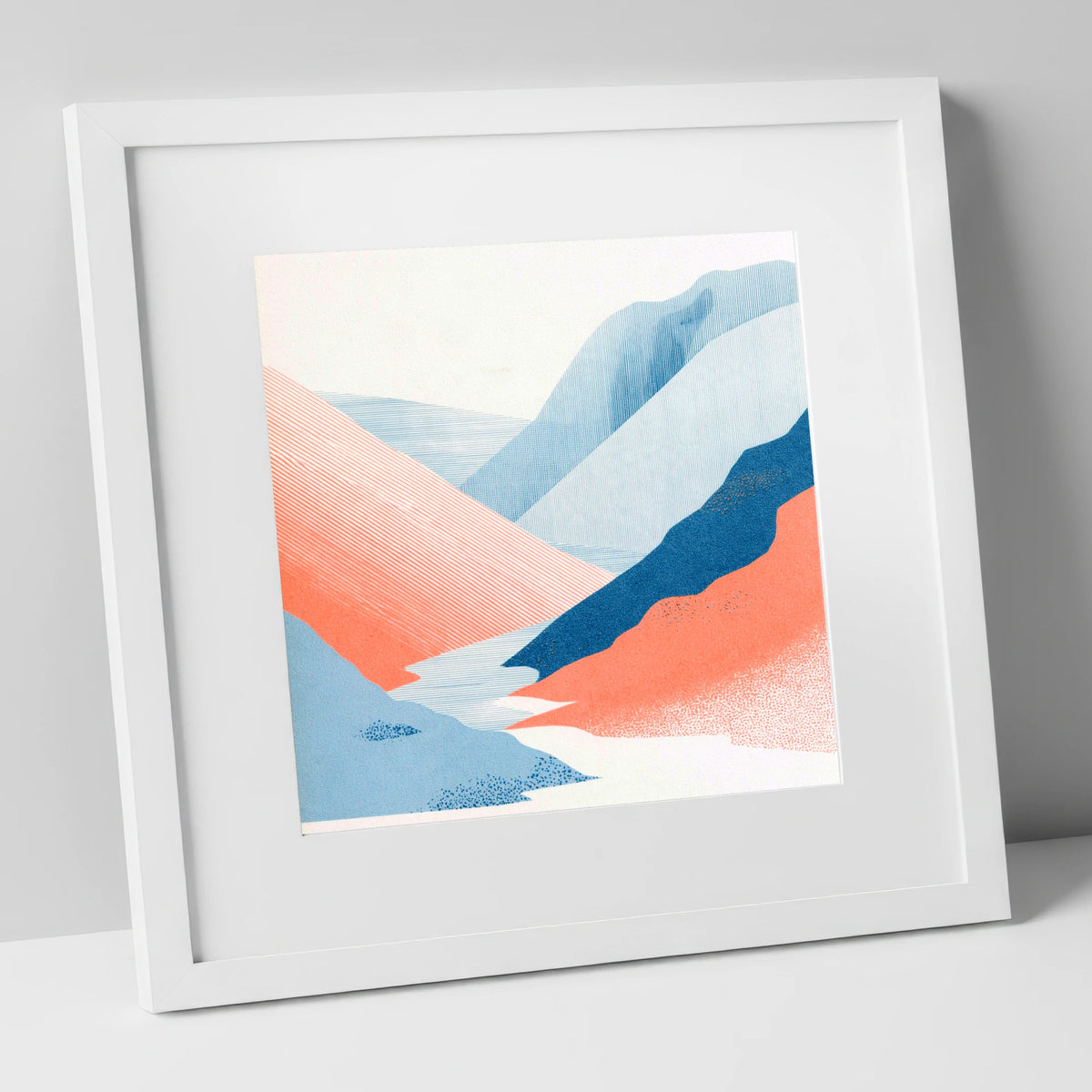 Kirkstone Pass in Blue and Coral lake district valley art print in white frame