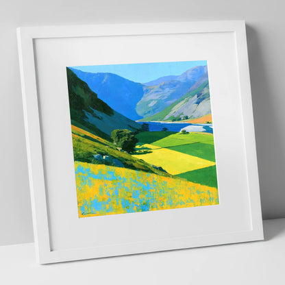 Vibrant Green Valley Between Fells lake district valley art print in white frame