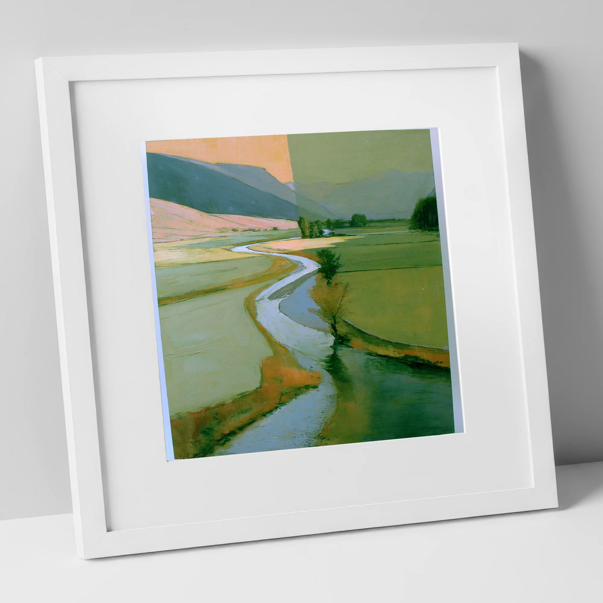 River Valley in Sage and Apricot lake district waterfall art print in white frame