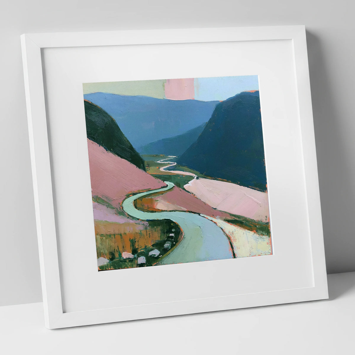 Mountain Pass in Blush and Teal lake district valley art print in white frame