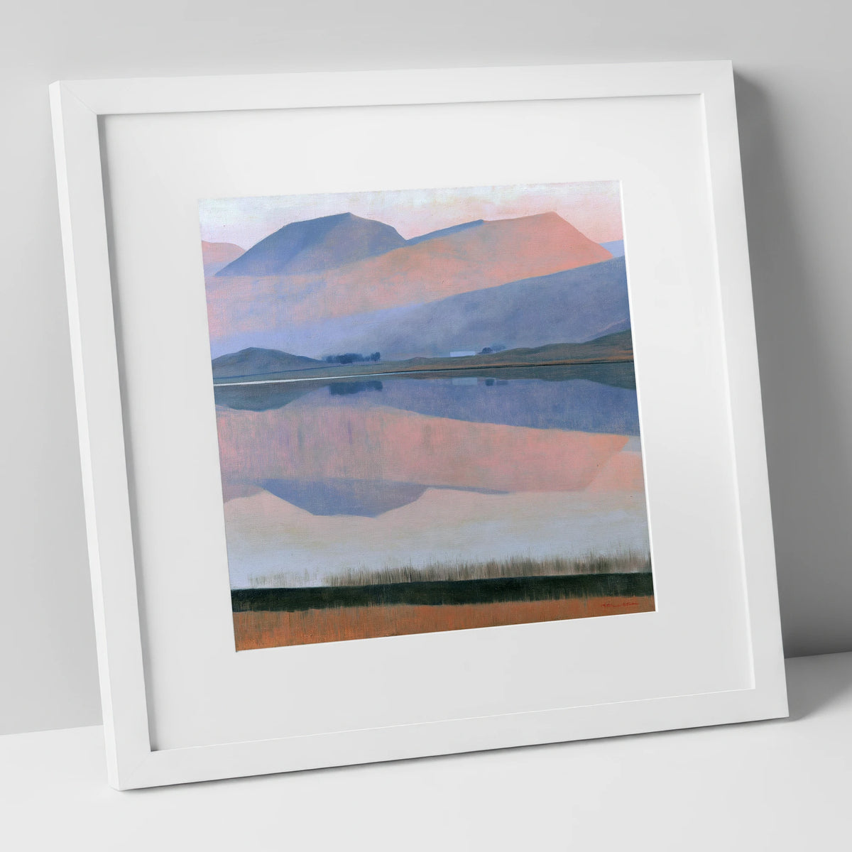Pastel Fells and Lake Reflection lake district lake art print in white frame