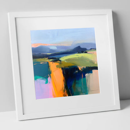 Vibrant Golden Evening Fells lake district sky art print in white frame