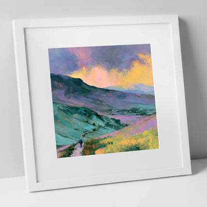 Fell Walker in Pastel Fells lake district walking art print in white frame