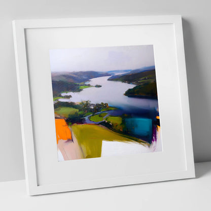 Contemporary Aerial View of Ambleside lake district village art print in white frame