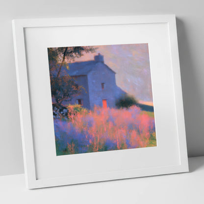 Stone Cottage in Pink Twilight lake district village art print in white frame