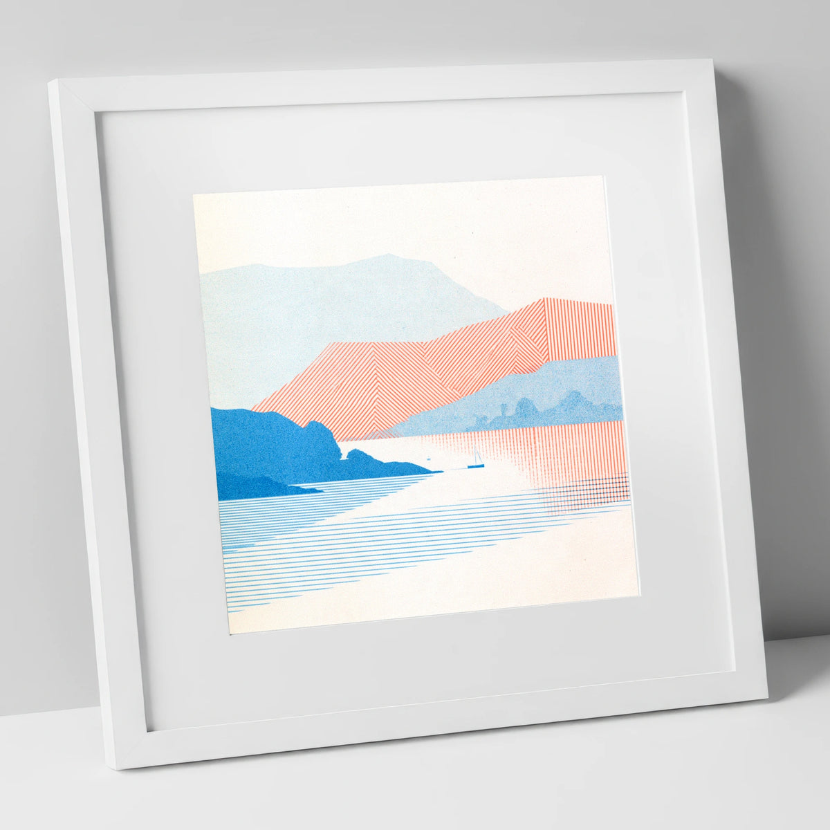 Geometric Coniston Water Fells lake district lake art print in white frame