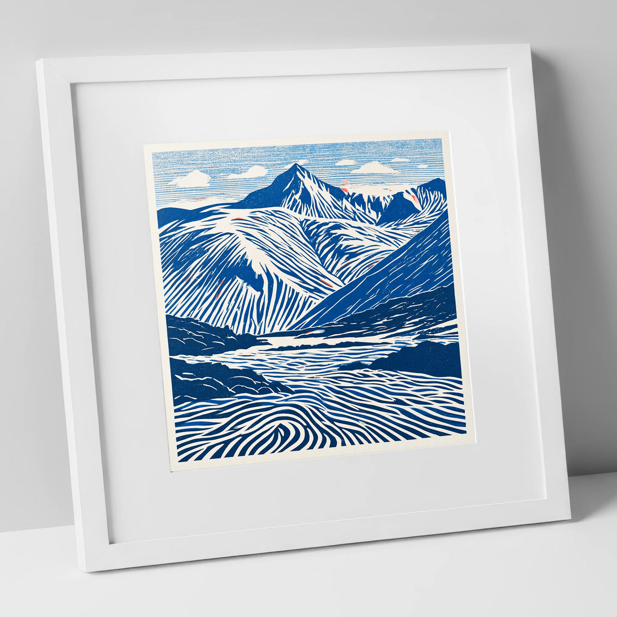 Cobalt Blue Scafell Pike lake district fell art print in white frame