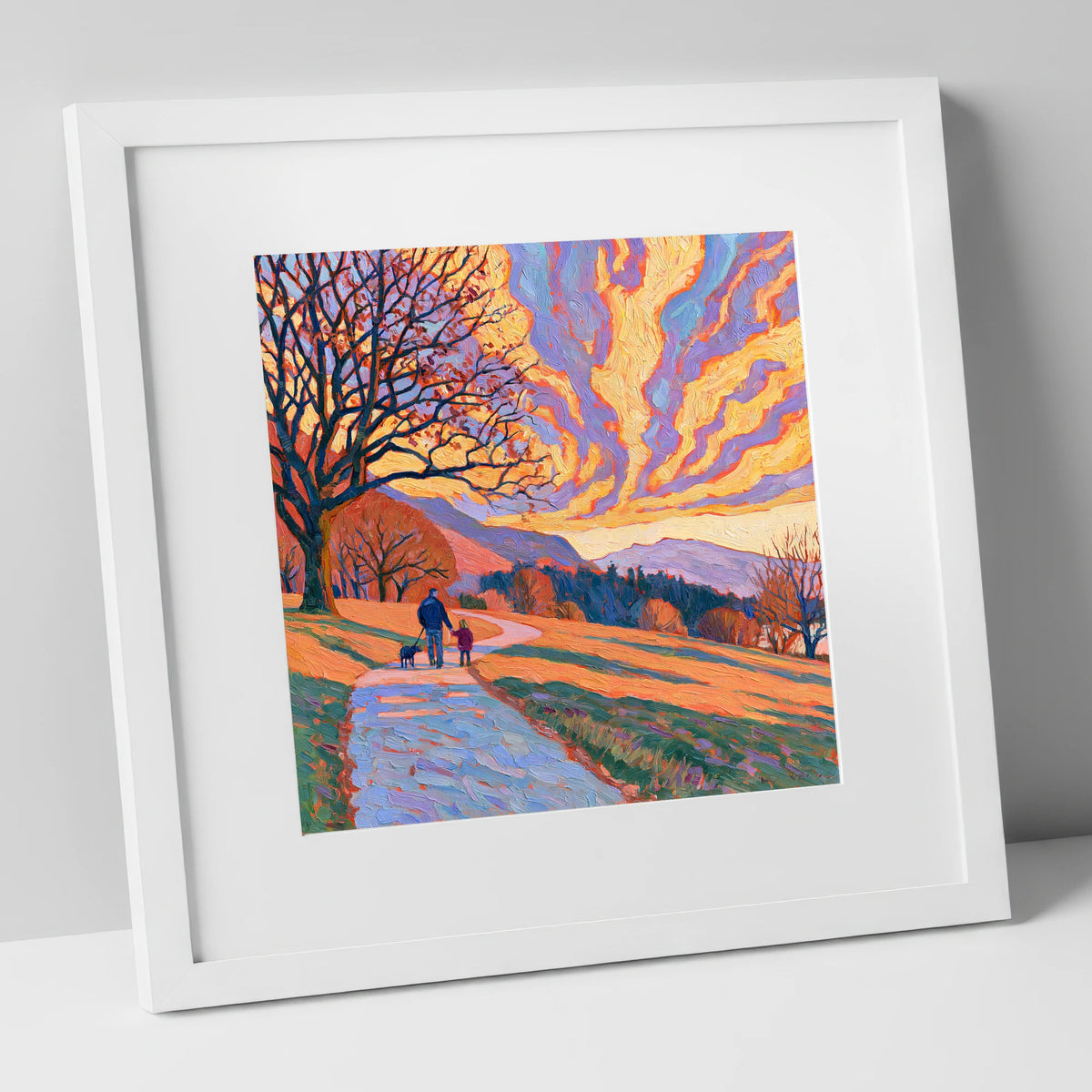 Fiery Sky Dog Walk Keswick gifts for dog walkers art print in white frame