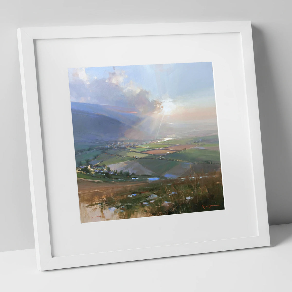 Sunburst Over a Lakeland Dale lake district valley art print in white frame