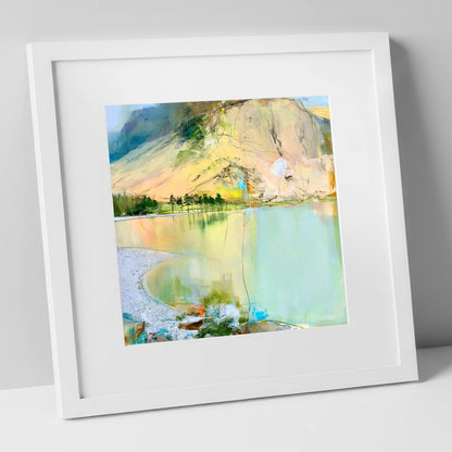 Curving Pebble Shore at Buttermere lake district lake art print in white frame