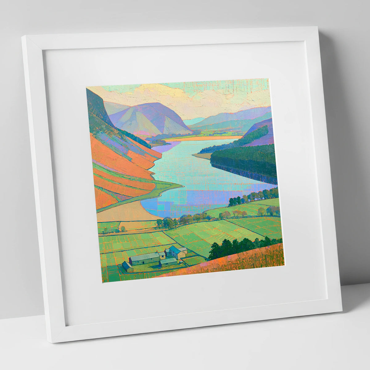 Vibrant Loweswater from Above lake district lake art print in white frame