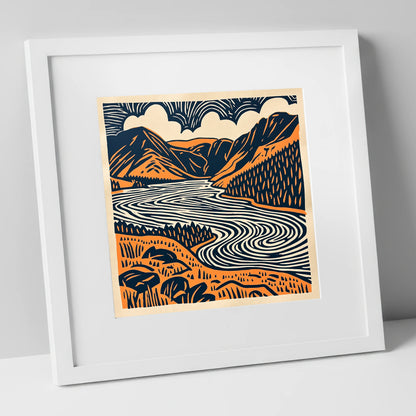 Navy and Terracotta Crummock Water lake district lake art print in white frame