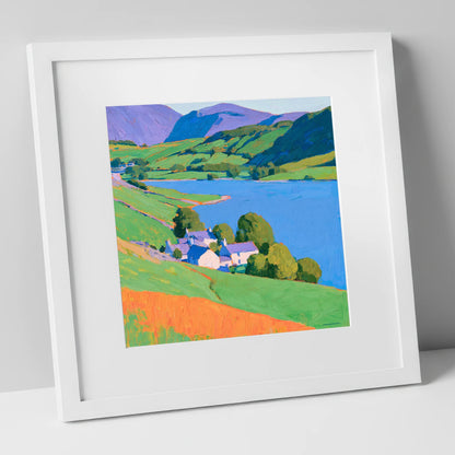 Vibrant Lakeside Village Scene lake district village art print in white frame