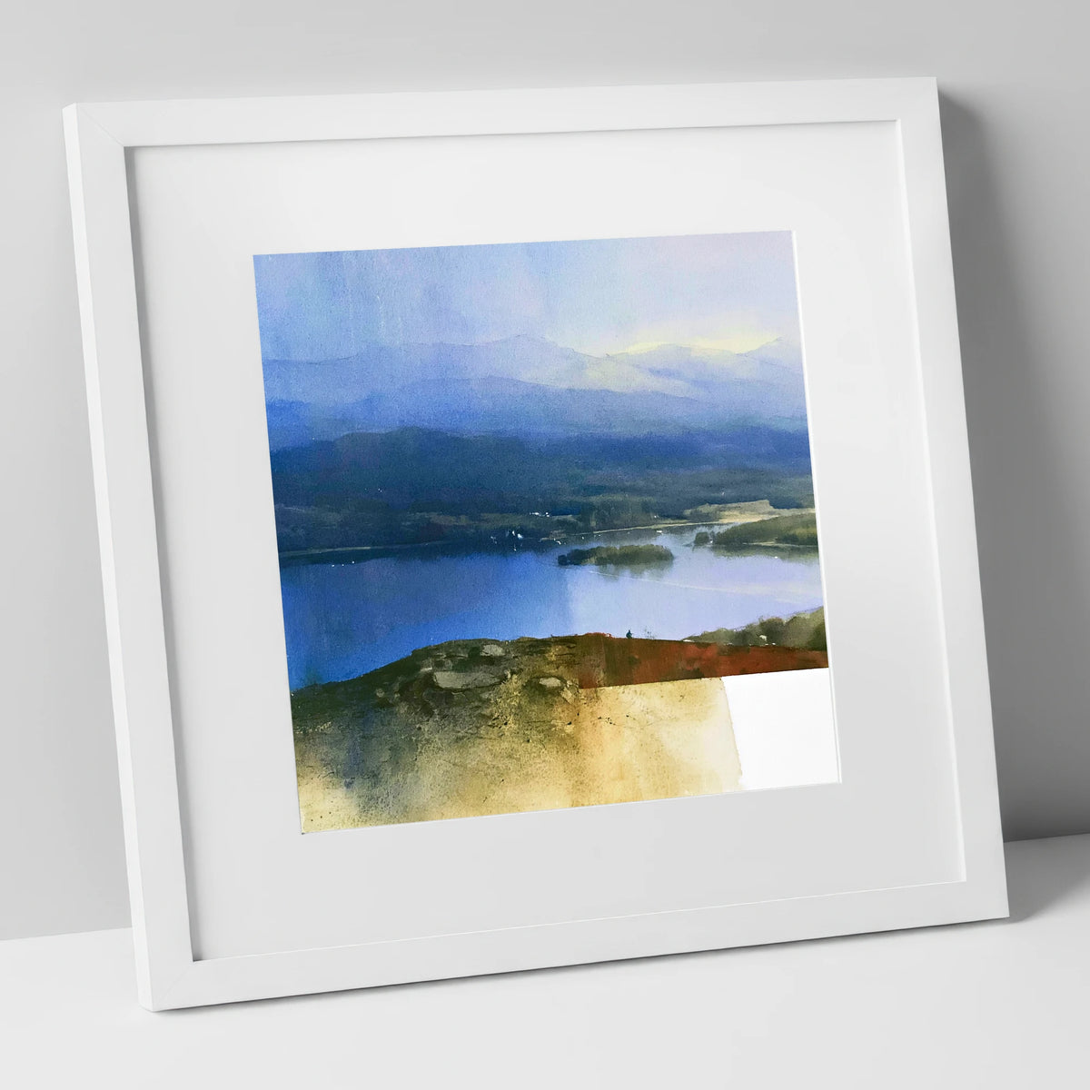 Indigo Windermere from Brant Fell lake district village art print in white frame
