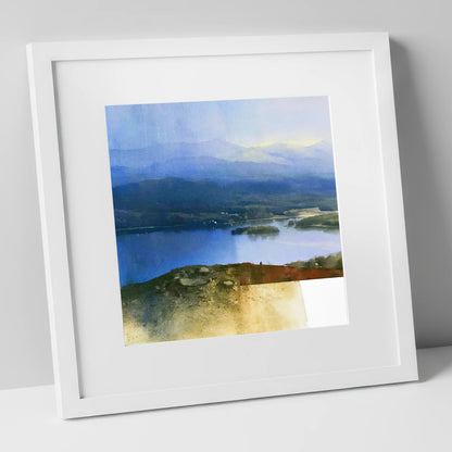 Indigo Windermere from Brant Fell lake district village art print in white frame