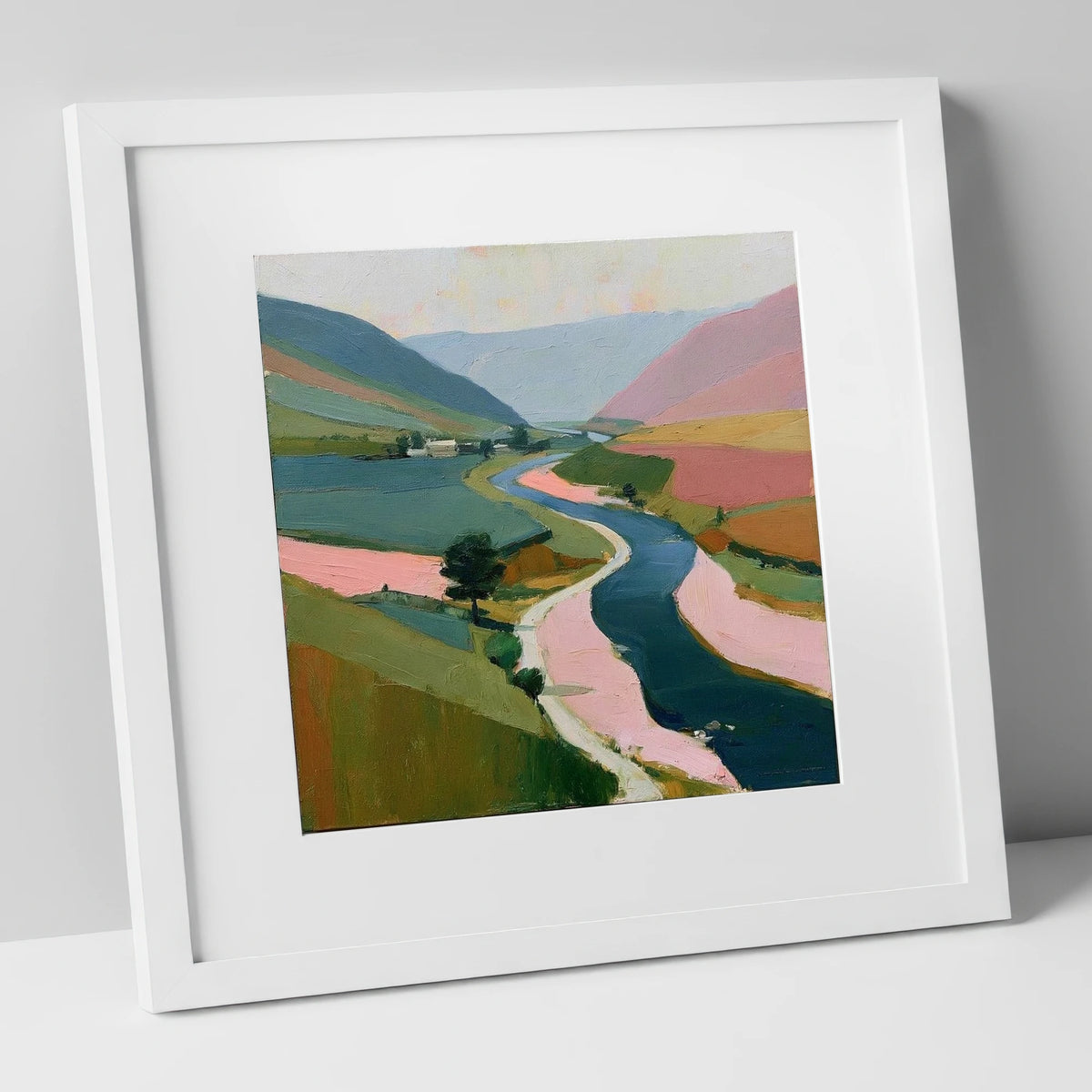 Winding River Valley in Pink lake district waterfall art print in white frame