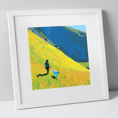 Sunlit Dog Walk on Helvellyn gifts for dog walkers art print in white frame