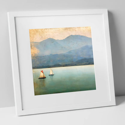 Windermere Sailboats in Teal and Gold lake district lake art print in white frame