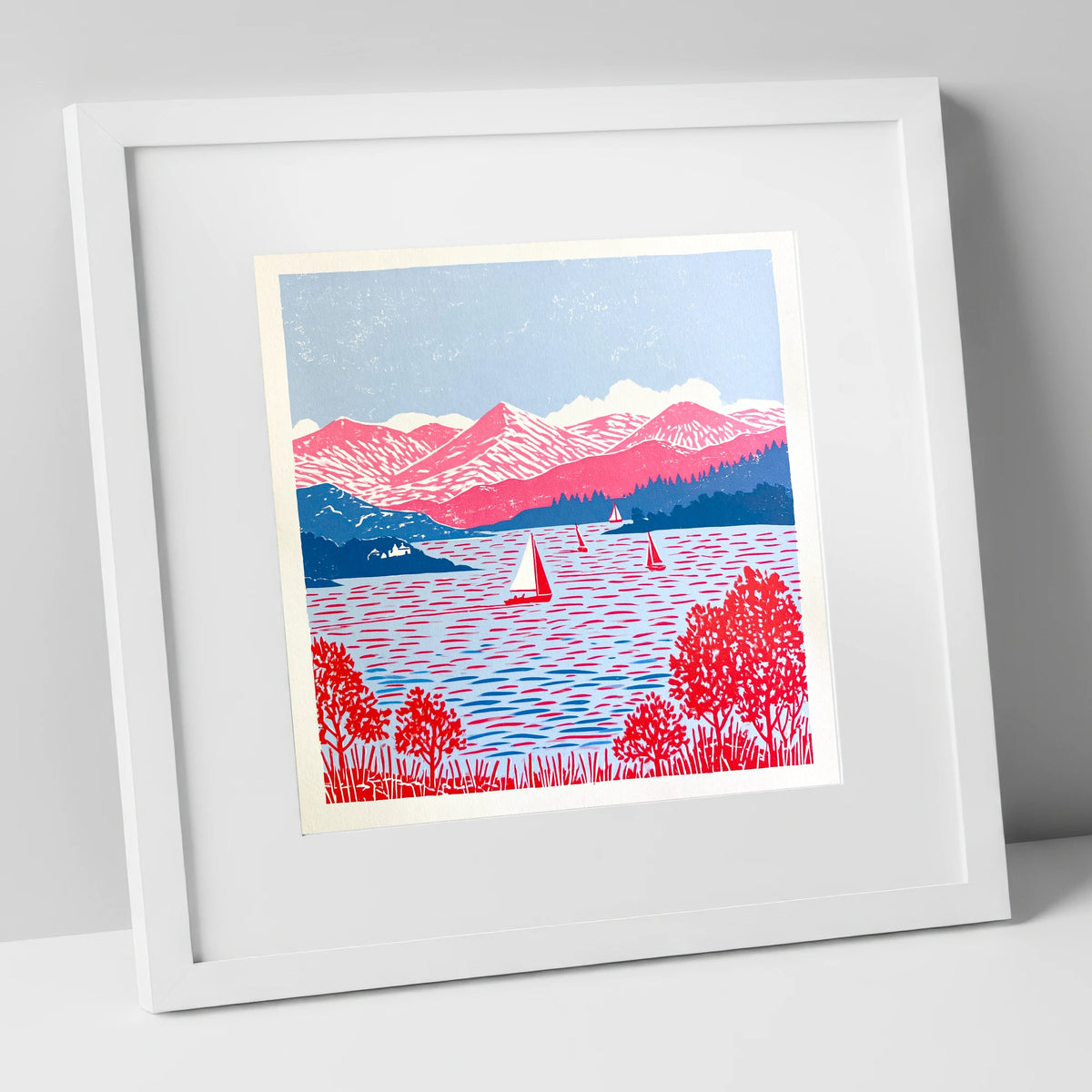 Pink Fells Over Coniston Water lake district lake art print in white frame