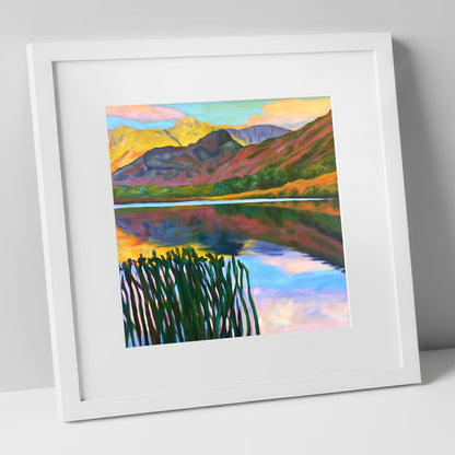 Vibrant Sunset Over Elterwater lake district lake art print in white frame