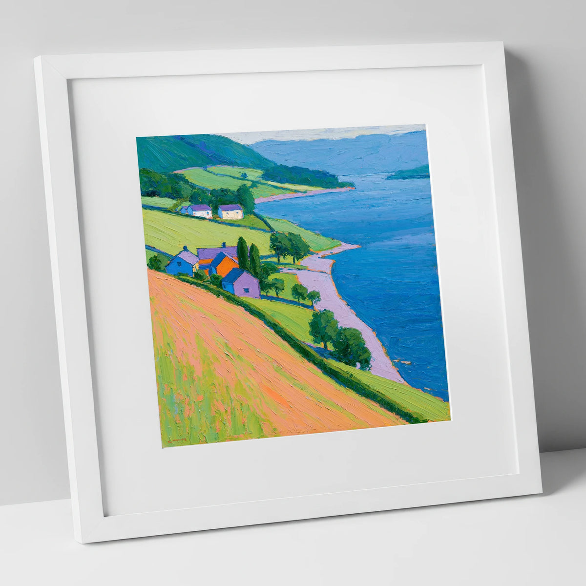 Colourful Lakeside Village lake district village art print in white frame